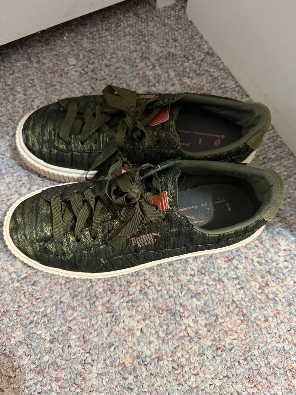 Puma Men's Olive Green Knit Sneakers with Cream Sole